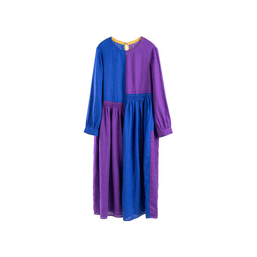 * 绽放旅行女装638朵/亚麻拼色蓝紫撞色打揽手工绣宽松长袖连衣裙 商品图4