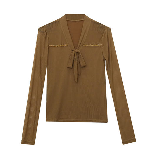 MZ1547蝴蝶结长袖t恤女秋装设计感钉珠修身显瘦内搭打底衫v领网纱上衣潮 商品图4