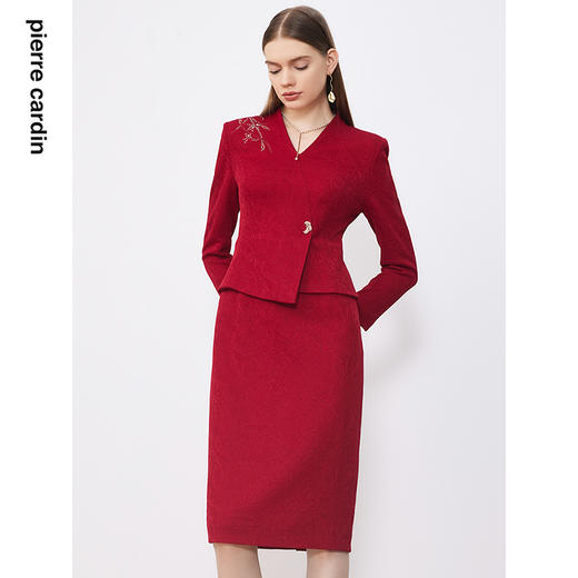 皮尔卡丹女装连衣裙假两件醋酸红色优雅场合A字裙P3314E3887T0 商品图4