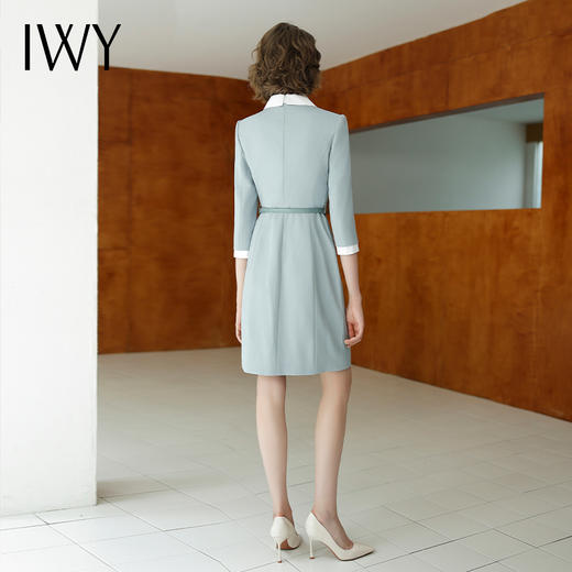 IWY/蓝色七分袖连衣裙艺考主持人讲师服饰通勤干练收腰显瘦职业裙Q14233 商品图3
