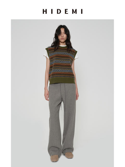 HIDEMI 进口澳洲美利奴羊毛手绘花型设计感极简圆领廓形毛织针织马甲背心 军绿棕/棕蓝灰 商品图4