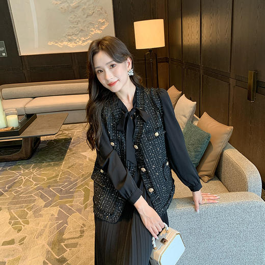 奢姿2025年秋季新款大码女装胖妹妹小香风马夹百褶连衣裙穿搭套装9943326567 商品图2