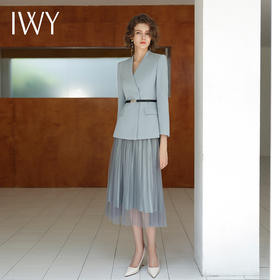IWY/长袖蓝色V领西装百褶裙职业套装正式场合招待通勤干练职业套裙C14109+S13315