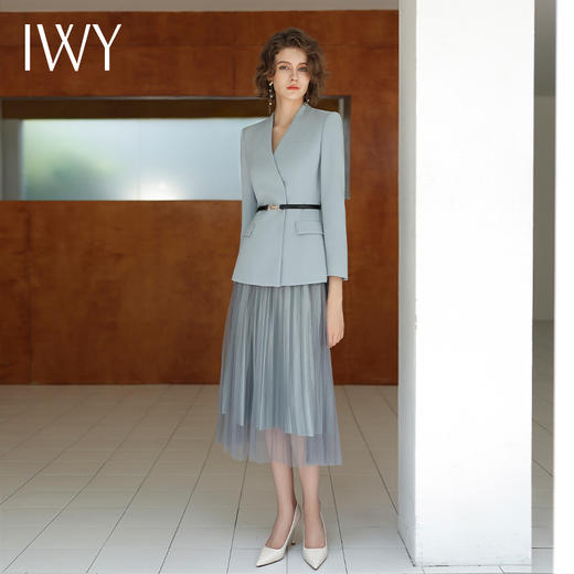 IWY/长袖蓝色V领西装百褶裙职业套装正式场合招待通勤干练职业套裙C14109+S13315 商品图0
