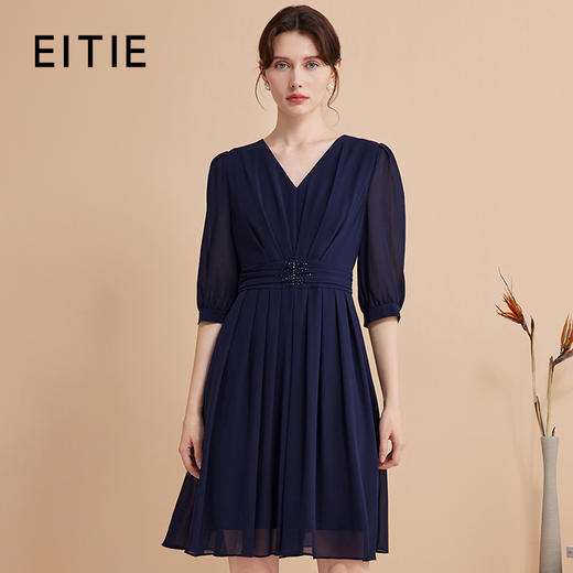 EITIE爱特爱秋季新款薄纱透视五分袖百褶通勤A字裙摆连衣裙7507241 商品图0