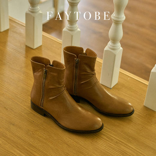 faytobe英伦风马丁靴秋时尚休闲复古胎牛皮褶皱粗跟短靴女士 商品图6