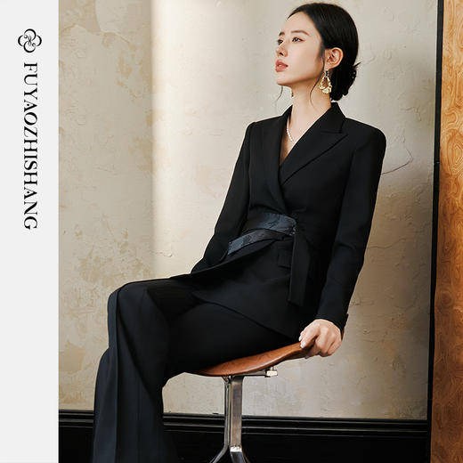 FUYAO扶摇 羊毛戗驳领西装外套女2024秋冬斜纹肌理感提花拼接西服 商品图5