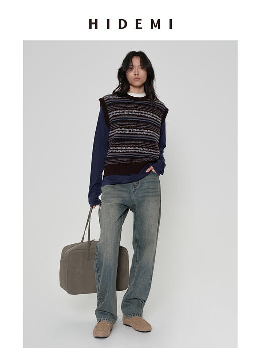 HIDEMI 进口澳洲美利奴羊毛手绘花型设计感极简圆领廓形毛织针织马甲背心 军绿棕/棕蓝灰 商品图5