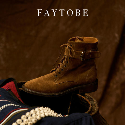 FAYTOBE 绒面带扣马丁靴系带尖头胎牛京舒适平底短靴 商品图2