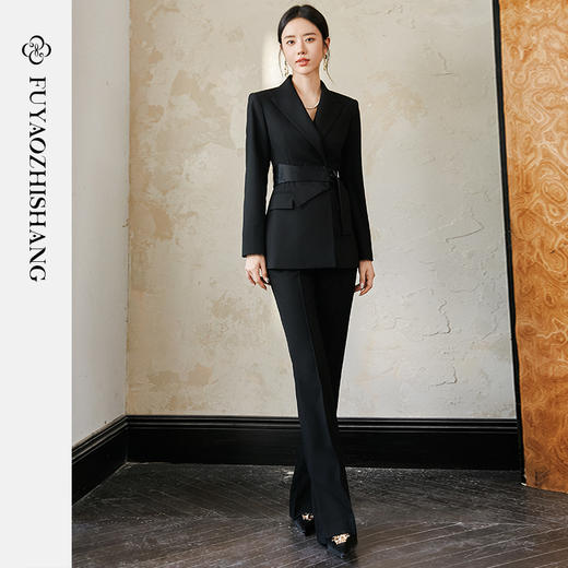 FUYAO扶摇 羊毛戗驳领西装外套女2024秋冬斜纹肌理感提花拼接西服 商品图6