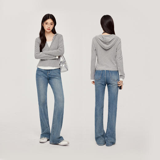 【严选】【叠叠乐】诗凡黎灰色假两件连帽针织衫2024秋新款设计感套头上衣7F9300771 商品图1