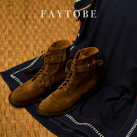 FAYTOBE 绒面带扣马丁靴系带尖头胎牛京舒适平底短靴