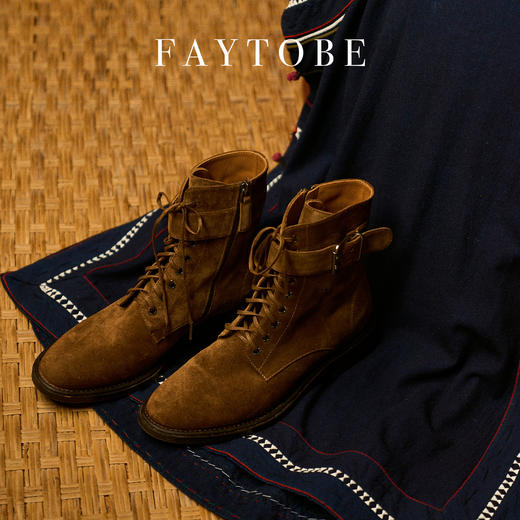 FAYTOBE 绒面带扣马丁靴系带尖头胎牛京舒适平底短靴 商品图0