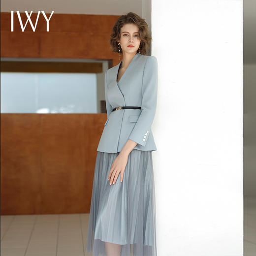IWY/长袖蓝色V领西装百褶裙职业套装正式场合招待通勤干练职业套裙C14109+S13315 商品图4