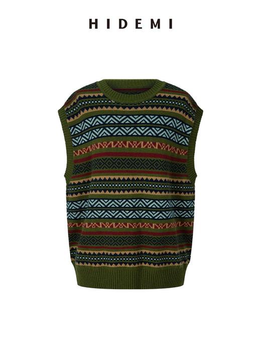 HIDEMI 进口澳洲美利奴羊毛手绘花型设计感极简圆领廓形毛织针织马甲背心 军绿棕/棕蓝灰 商品图8