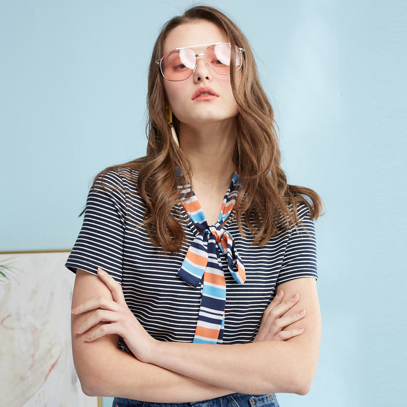 欧芮儿2019夏显瘦圆领套头上衣女蝴蝶结条纹T恤女短袖
