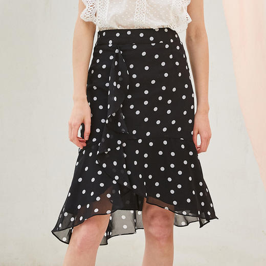 欧芮儿夏装2019新款女装黑白波点鱼尾裙女中长款不规则荷叶边裙 商品图3