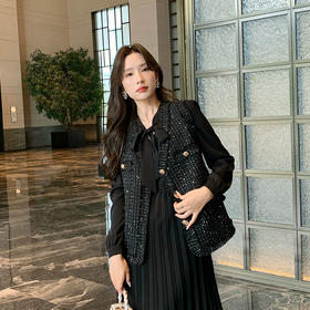 奢姿2025年秋季新款大码女装胖妹妹小香风马夹百褶连衣裙穿搭套装9943326567