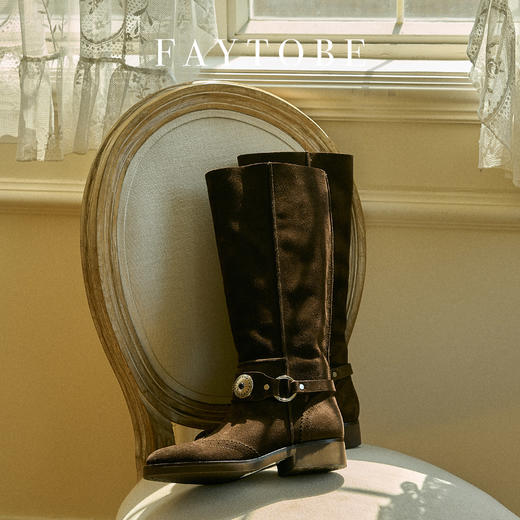 FAYTOBE “索玛”堆堆靴24秋百搭麂皮西部靴玛瑙饰扣牛京低跟长靴 商品图1