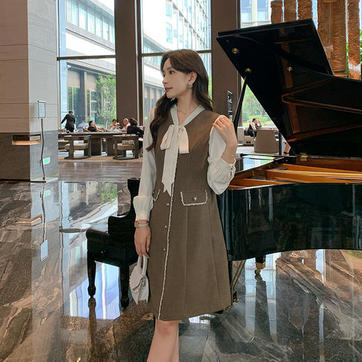 奢姿2025年春季新款大码女装撞色蝴蝶结绑带裙子胖妹妹法式连衣裙9943853513 商品图4