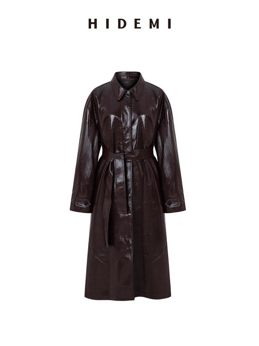 HIDEMI 勃艮第酒红进口激光涂层裂纹感羊皮圆领极简大廓形落肩款长款皮衣大衣 商品图7