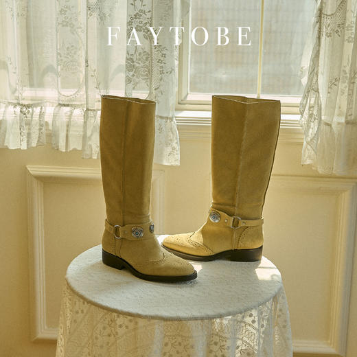 FAYTOBE “索玛”堆堆靴24秋百搭麂皮西部靴玛瑙饰扣牛京低跟长靴 商品图3