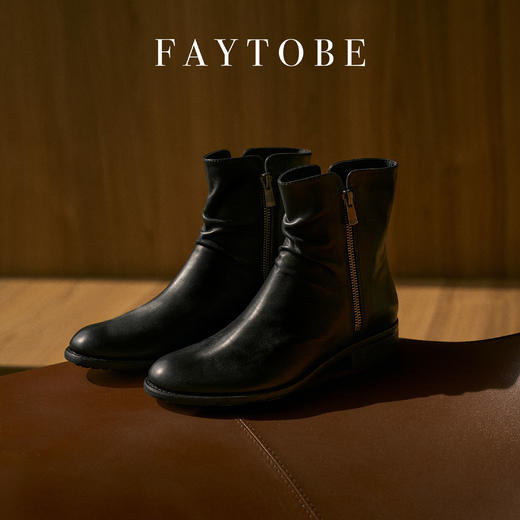 faytobe英伦风马丁靴秋时尚休闲复古胎牛皮褶皱粗跟短靴女士 商品图1