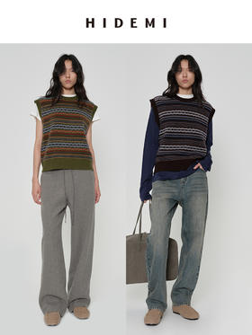 HIDEMI 进口澳洲美利奴羊毛手绘花型设计感极简圆领廓形毛织针织马甲背心 军绿棕/棕蓝灰