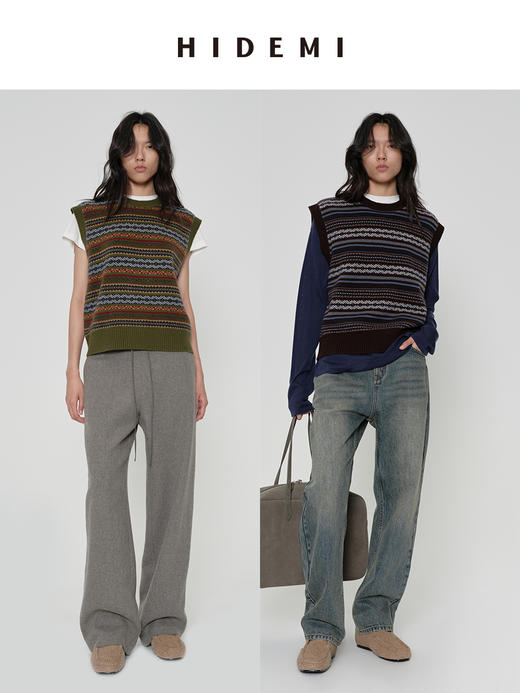 HIDEMI 进口澳洲美利奴羊毛手绘花型设计感极简圆领廓形毛织针织马甲背心 军绿棕/棕蓝灰 商品图0