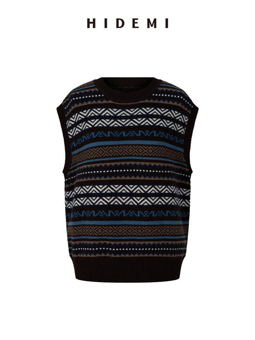 HIDEMI 进口澳洲美利奴羊毛手绘花型设计感极简圆领廓形毛织针织马甲背心 军绿棕/棕蓝灰 商品图9