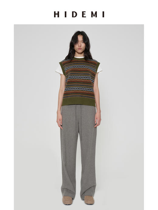 HIDEMI 进口澳洲美利奴羊毛手绘花型设计感极简圆领廓形毛织针织马甲背心 军绿棕/棕蓝灰 商品图3