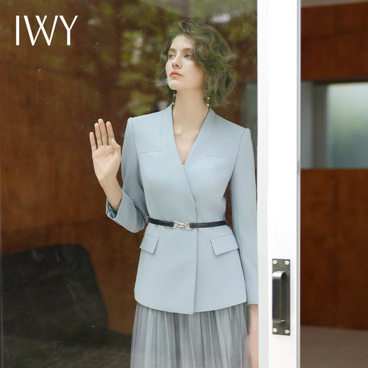 IWY/长袖蓝色V领西装百褶裙职业套装正式场合招待通勤干练职业套裙C14109+S13315 商品图2