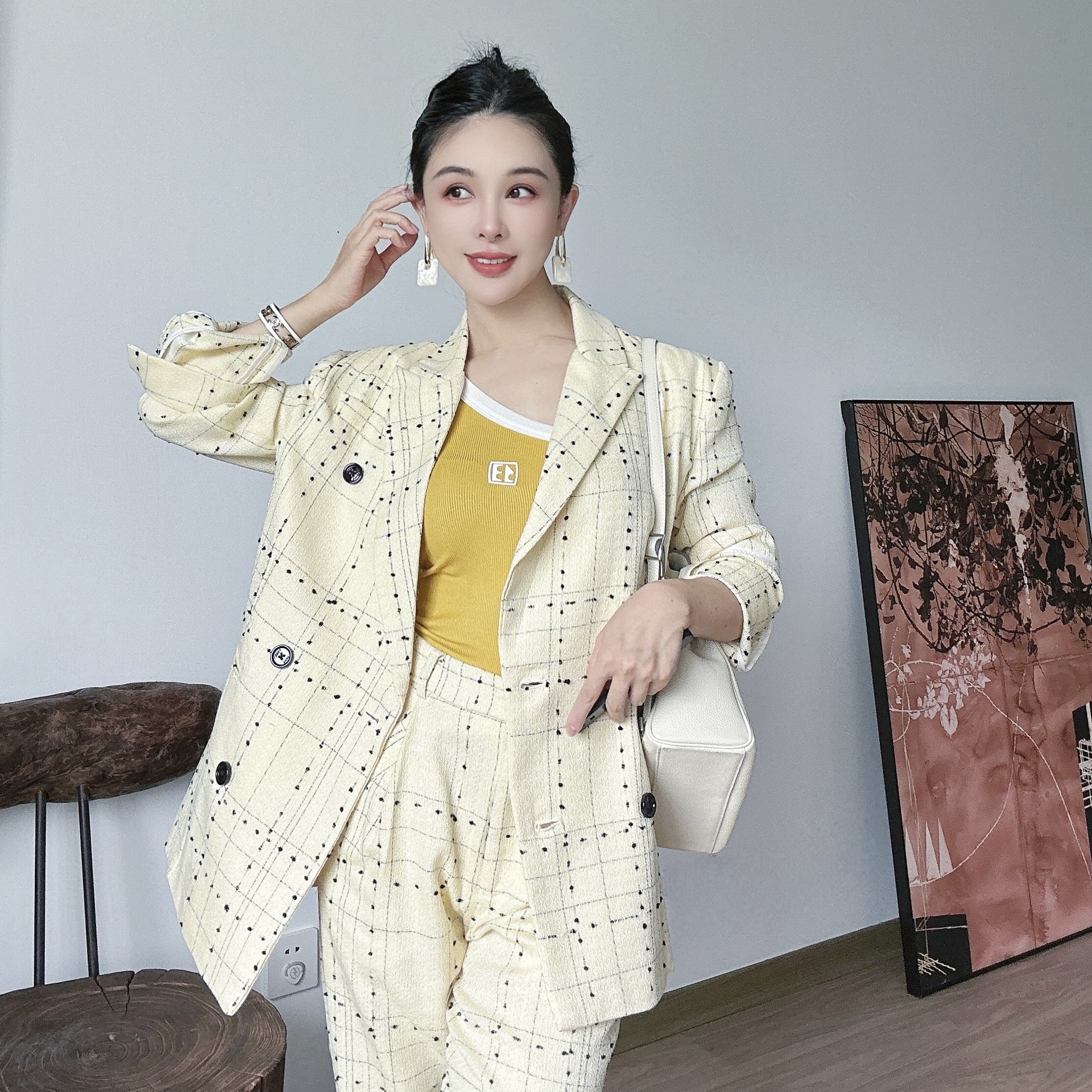 PIANAI冷小姐# ENNK原单好心情套装浅黄虚线格纹裤子小香套装