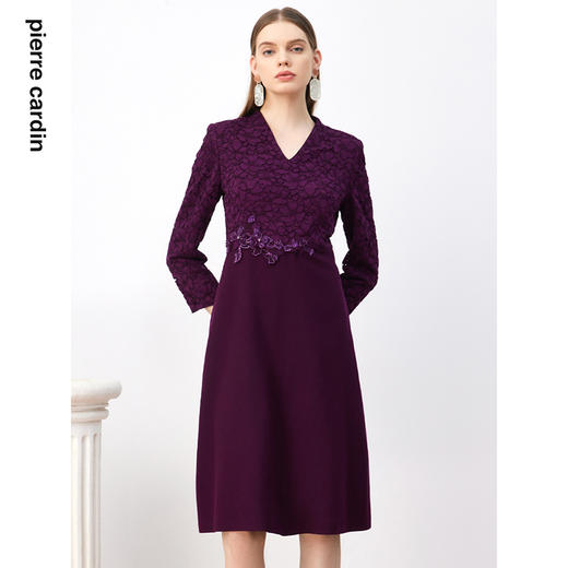 皮尔卡丹女装连衣裙蕾丝拼接长袖优雅商务通勤羊毛裙P3318E3885Z0
 商品图3