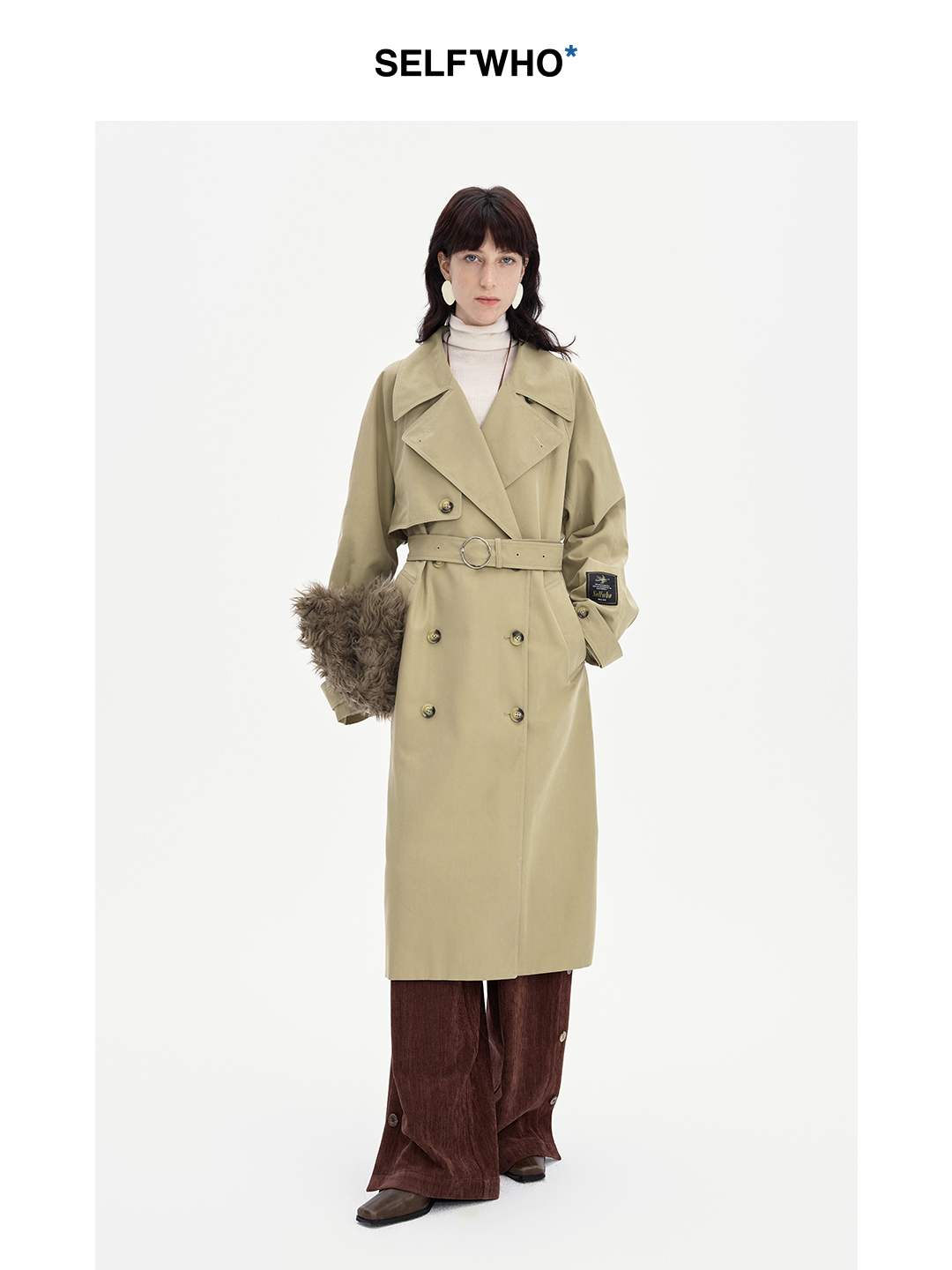 SELFWHO老钱风卡其色风衣外套女2024秋新款经典双排扣设计感大衣