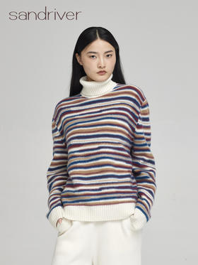 sandriver青海羊绒男女同款针织条纹圆领套头衫