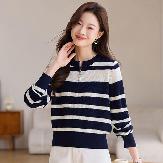雀说 羊毛针织衫套头衫新款条纹女士秋季宽松显瘦韩版上衣4ZF-788-JC3 商品图3