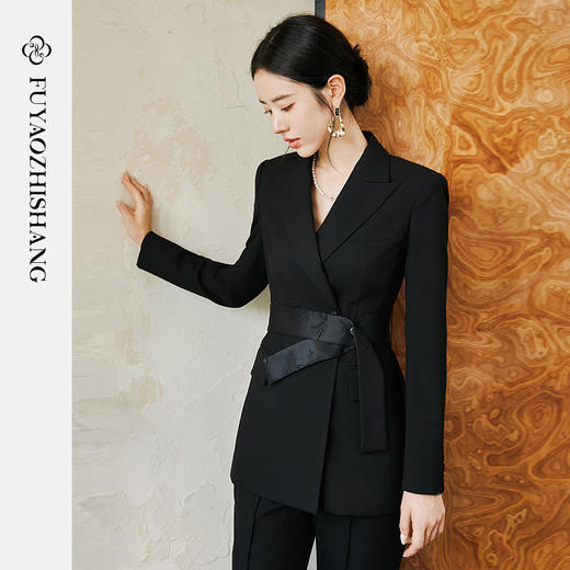 FUYAO扶摇 羊毛戗驳领西装外套女2024秋冬斜纹肌理感提花拼接西服 商品图7