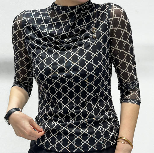 HJ2T33_漆黑色_T恤_夏季_透气弹力网纱菱格印花收腰显瘦气质通勤七分袖 T 恤_高级女装_BERNIEELEN 伯妮斯茵 商品图0