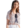 欧芮儿2019新款女装夏装娃娃领雪纺衫女宽松度假格子小衫女上衣 商品缩略图3