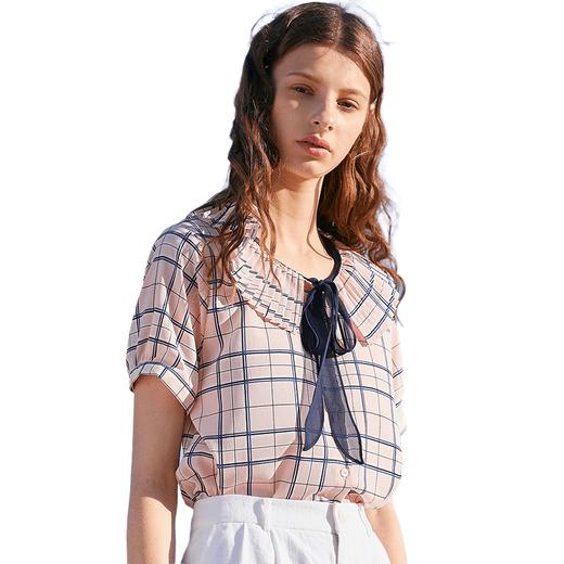 欧芮儿2019新款女装夏装娃娃领雪纺衫女宽松度假格子小衫女上衣 商品图3