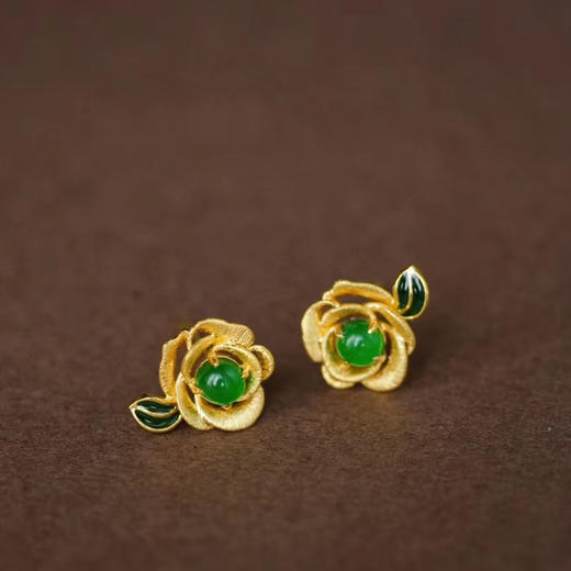龢盒原创 玫瑰的故事 18k翡翠珐琅耳钉 商品图2