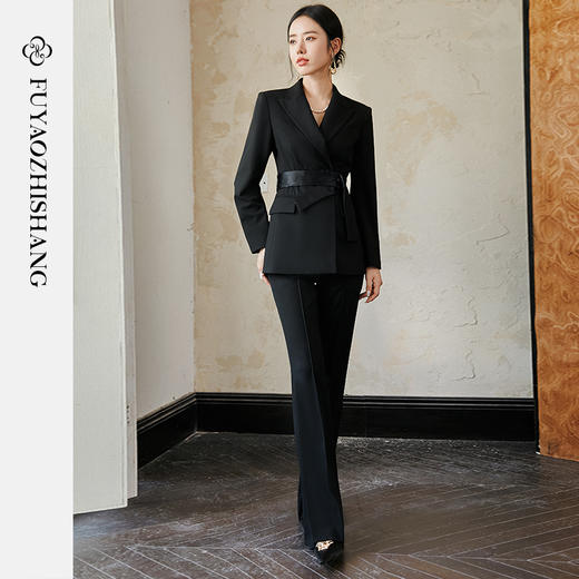 FUYAO扶摇 羊毛戗驳领西装外套女2024秋冬斜纹肌理感提花拼接西服 商品图4