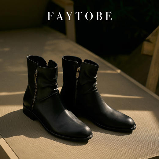 faytobe英伦风马丁靴秋时尚休闲复古胎牛皮褶皱粗跟短靴女士 商品图2