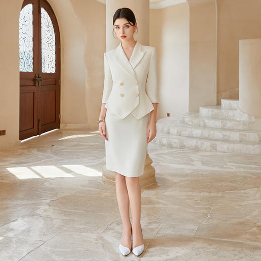 AD正式场合高端精致连衣裙女医美容院工作服新款米色假两件 商品图2