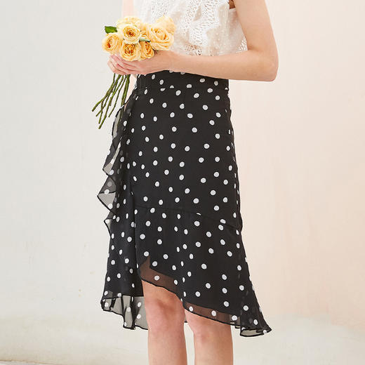 欧芮儿夏装2019新款女装黑白波点鱼尾裙女中长款不规则荷叶边裙 商品图0