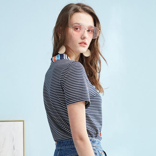欧芮儿2019夏显瘦圆领套头上衣女蝴蝶结条纹T恤女短袖 商品图2