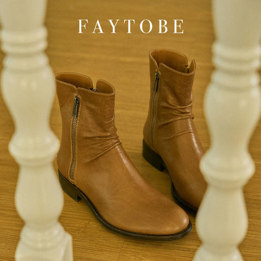 faytobe英伦风马丁靴秋时尚休闲复古胎牛皮褶皱粗跟短靴女士 商品图7