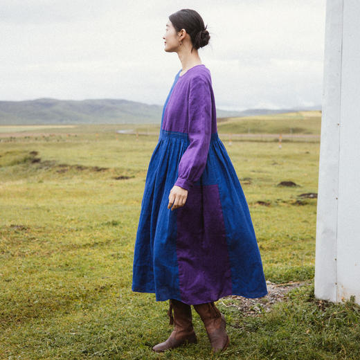* 绽放旅行女装638朵/亚麻拼色蓝紫撞色打揽手工绣宽松长袖连衣裙 商品图2
