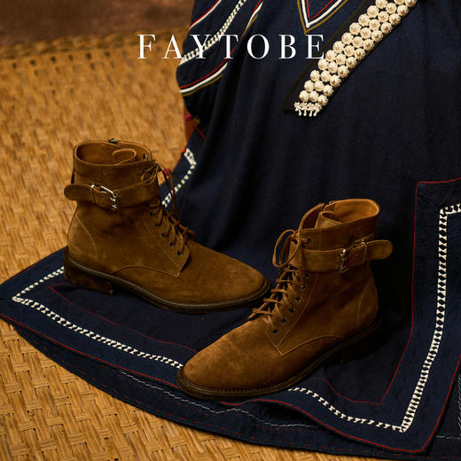 FAYTOBE 绒面带扣马丁靴系带尖头胎牛京舒适平底短靴 商品图1